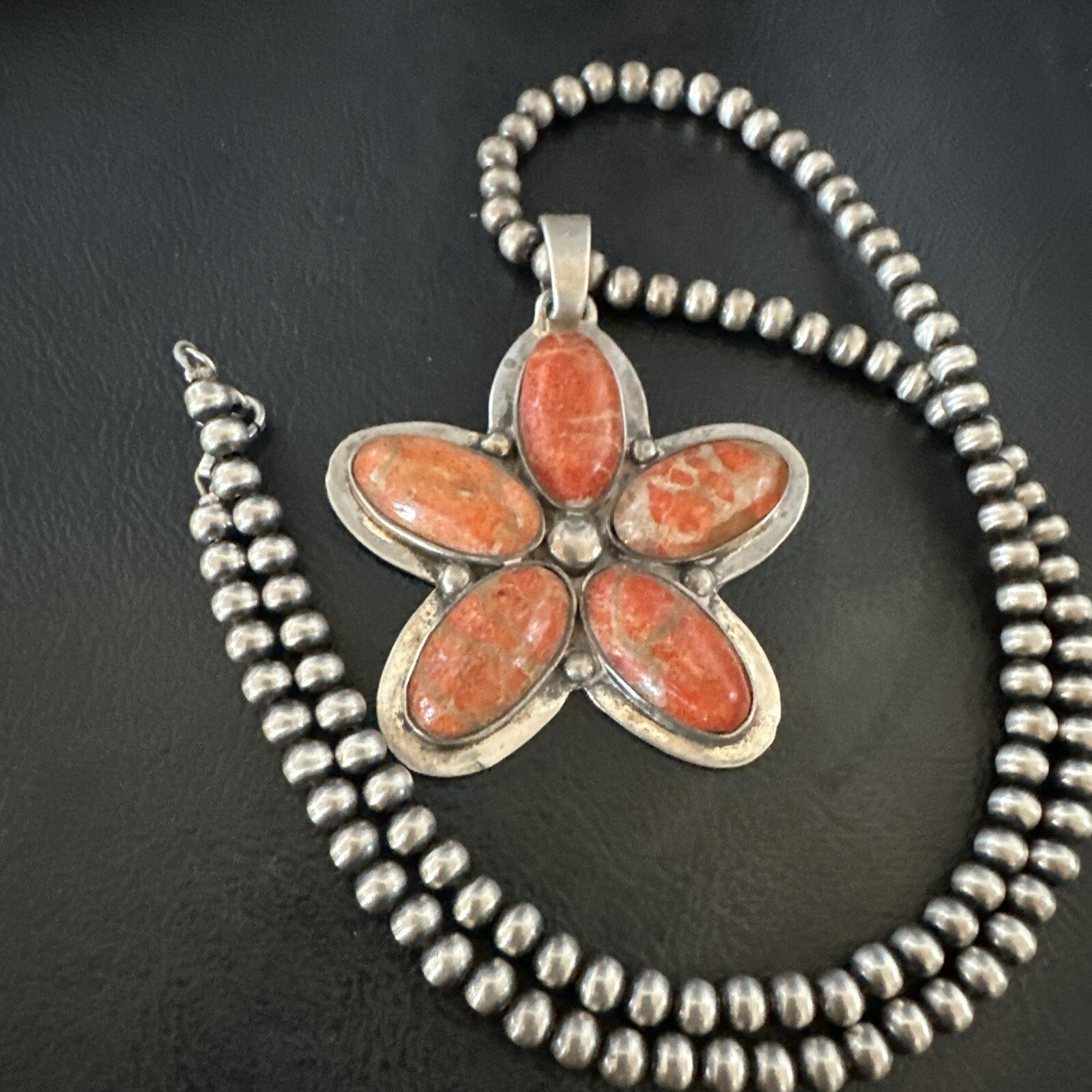 Navajo Apple Sponge Coral Sterling Silver Necklace Pendant 18133