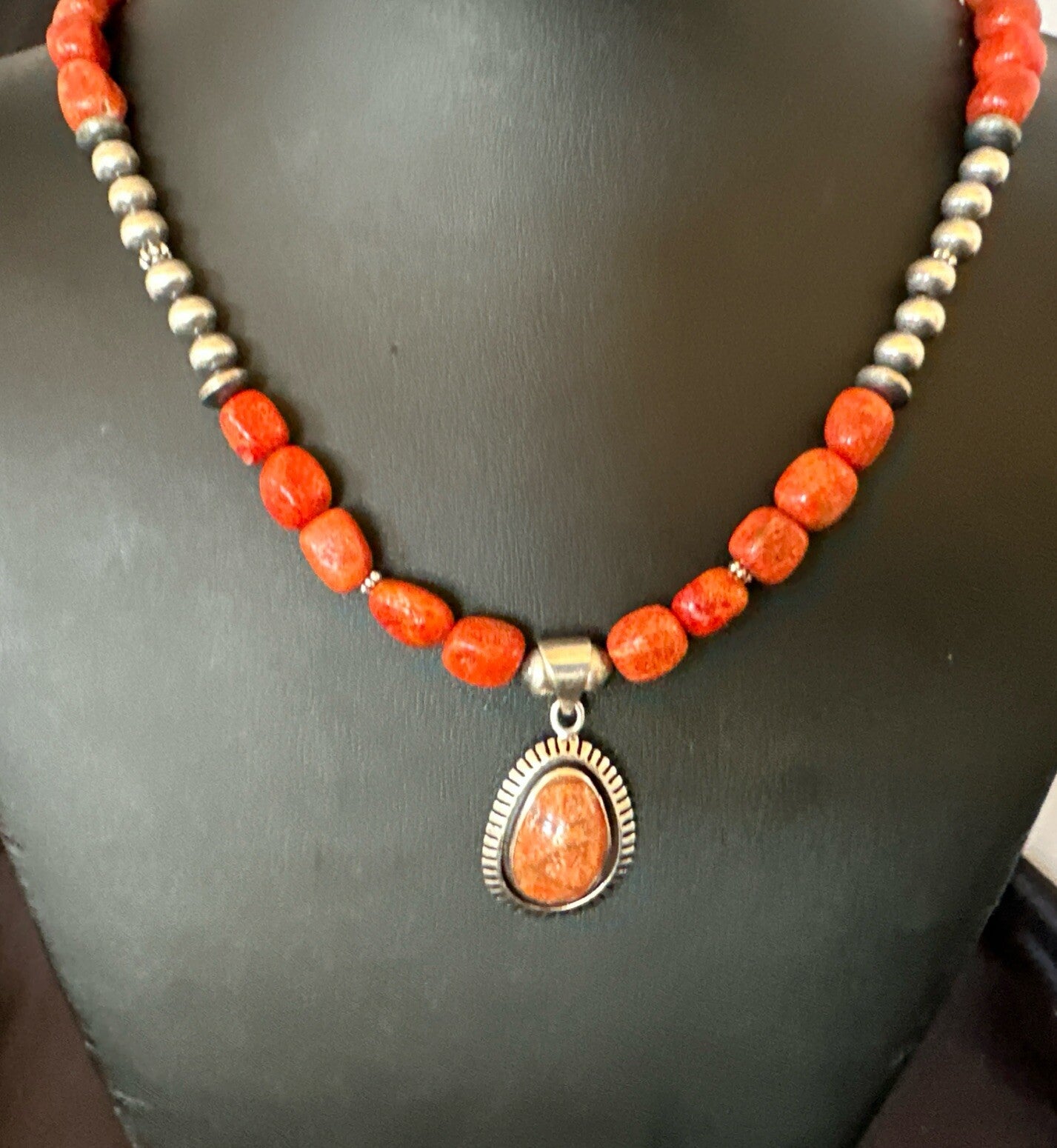 Navajo Pearls Apple Sponge Coral Sterling Silver Necklace Pendant 21” 18683