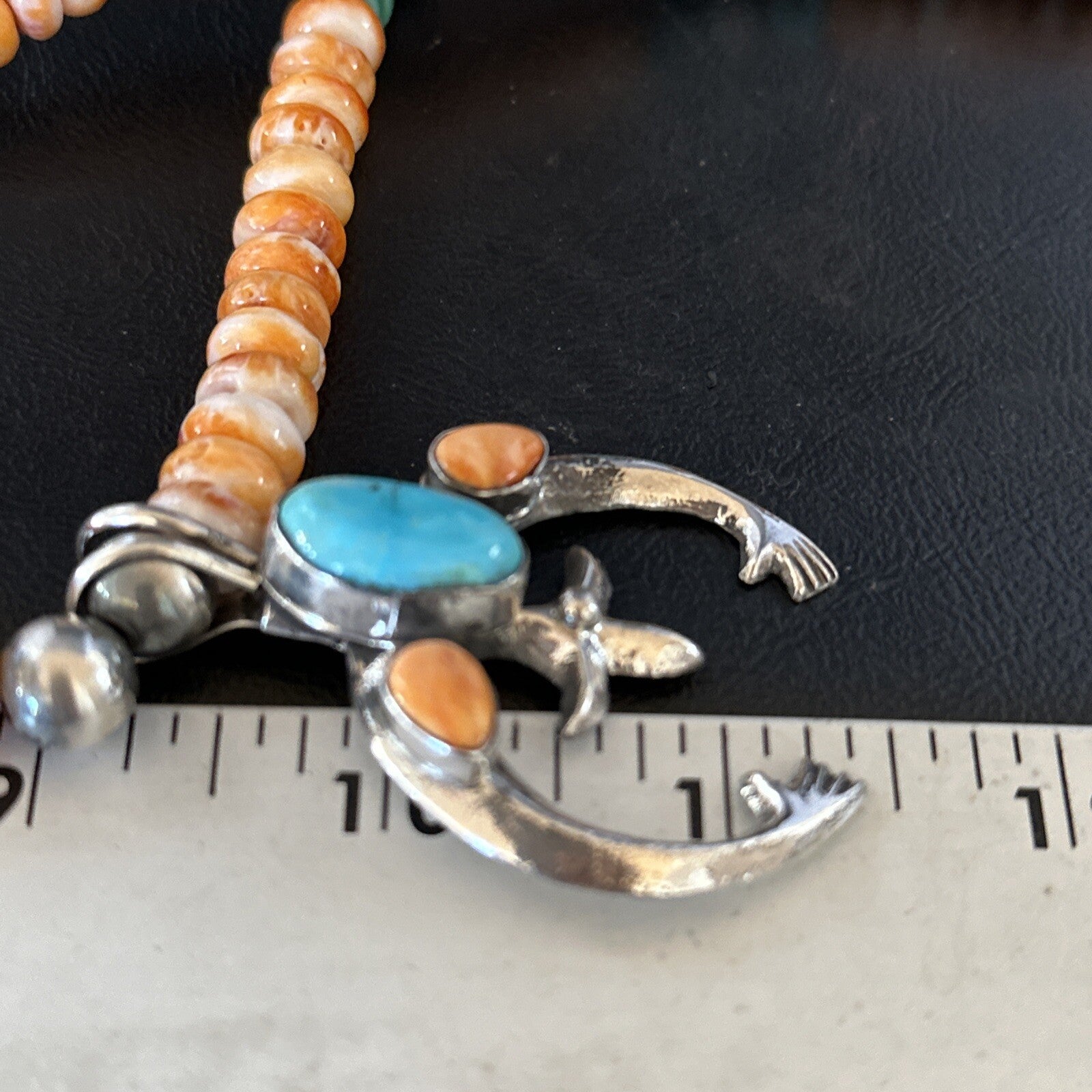 Blue Turquoise & Spiny Oyster Naja Pendant Navajo Sterling Silver Necklace 14811