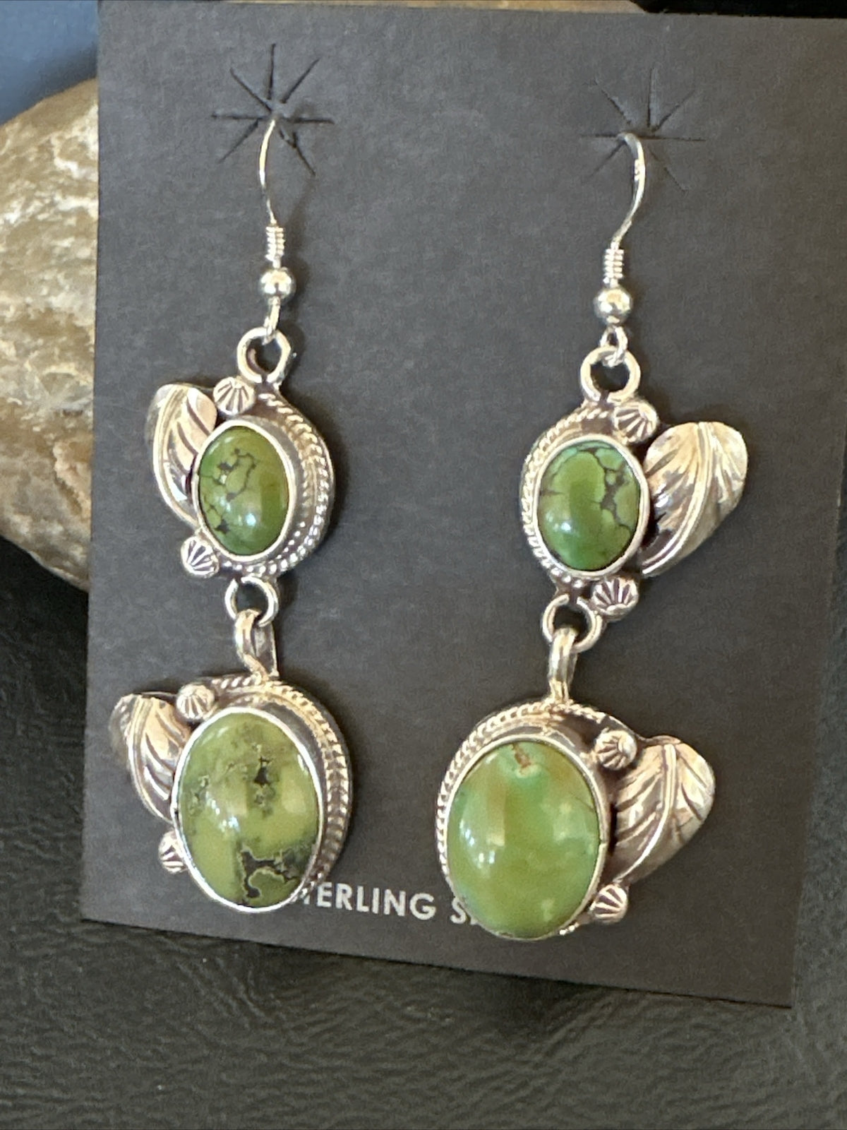 Native Navajo Green Turquoise Sterling Silver Dangle Earrings 2” 17699