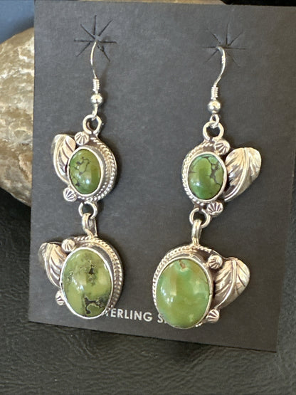 Native Navajo Green Turquoise Sterling Silver Dangle Earrings 2” 17699