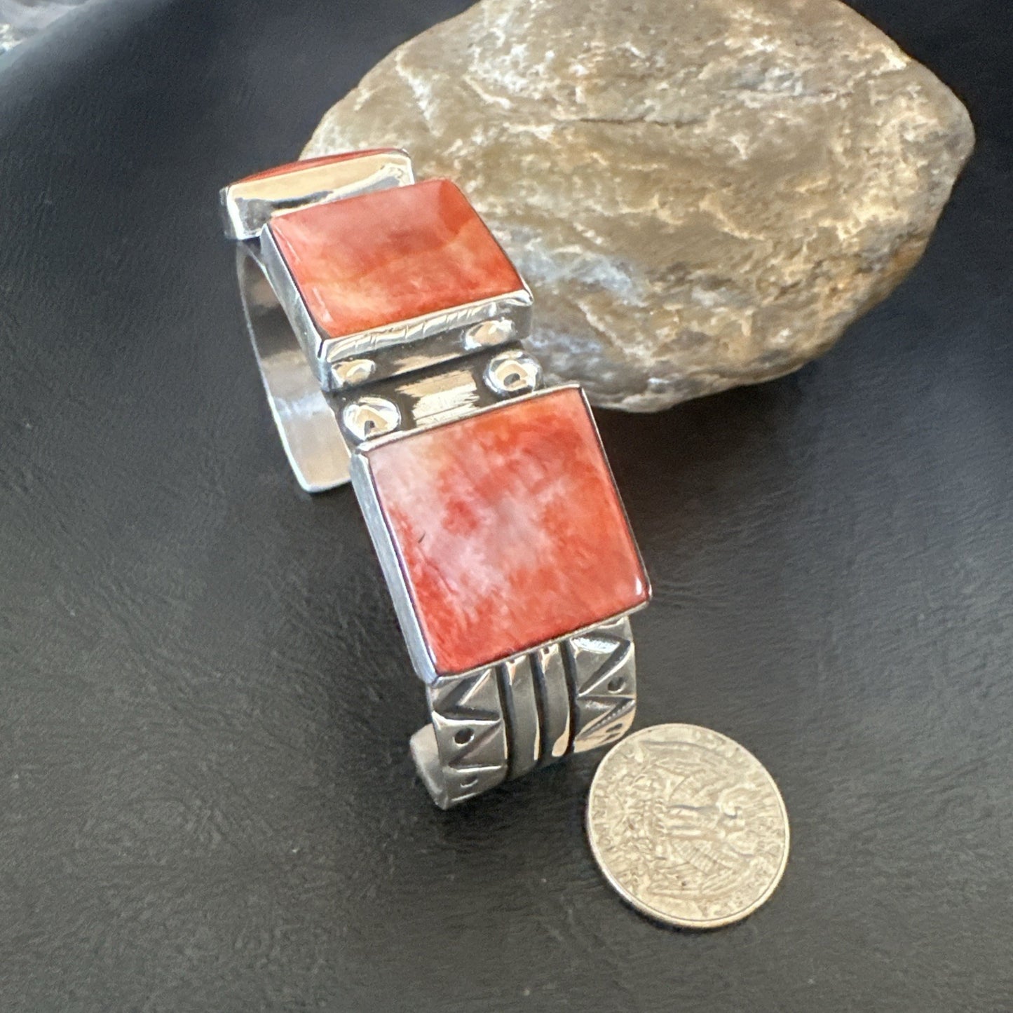 Red Spiny 3 Stone Sterling Silver Navajo Cuff Bracelet 7.7" 19487