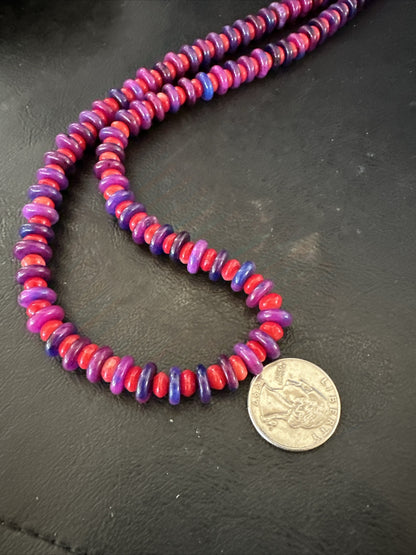 10mm  Purple Stone Red Coral Bead Navajo Sterling Silver Necklace 23” 17832