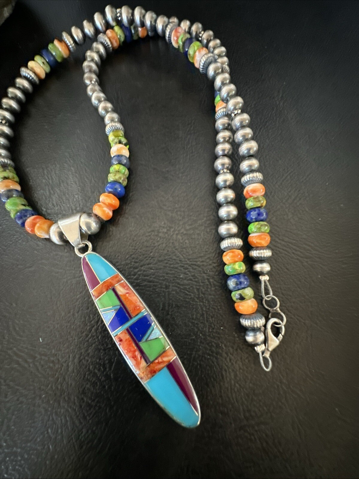 Turquoise Spiny Oyster Inlay Pendant Navajo Sterling Silver Necklace 21" 18822
