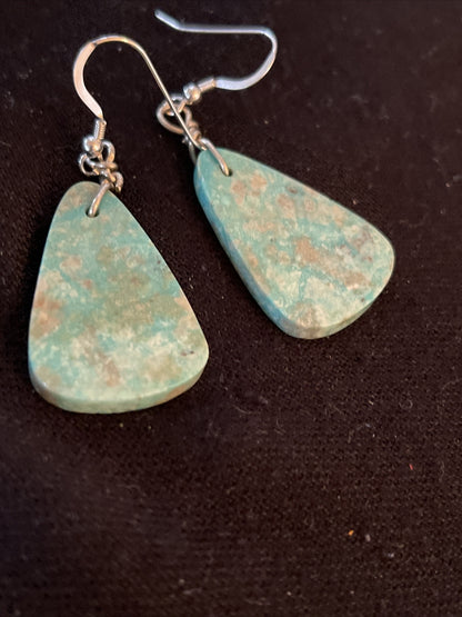 Turquoise Slab Navajo Sterling Silver Dangle Earrings 01350