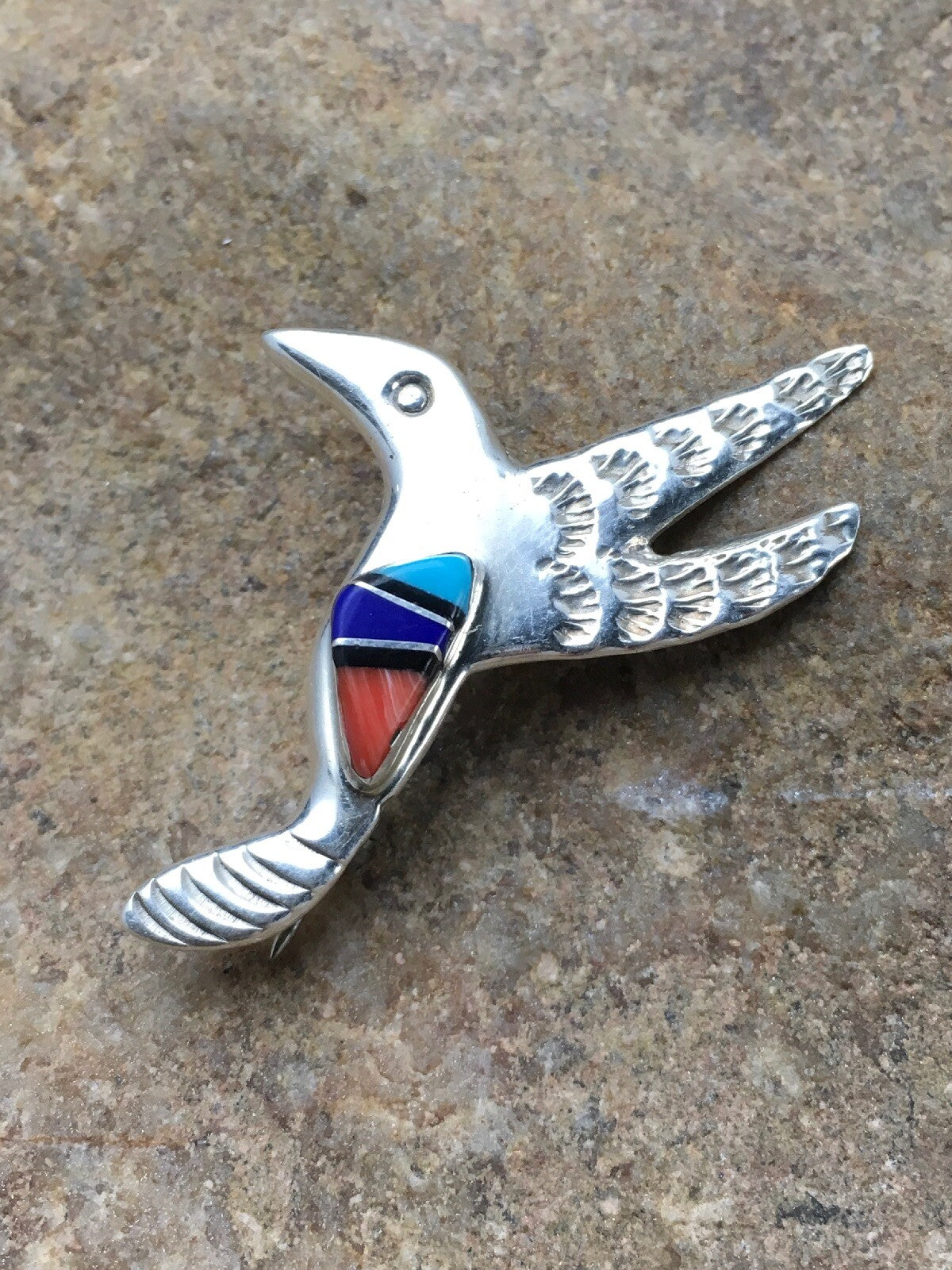 Turquoise Lapis & Coral Hummingbird Inlay Pin Navajo Sterling Silver 02900