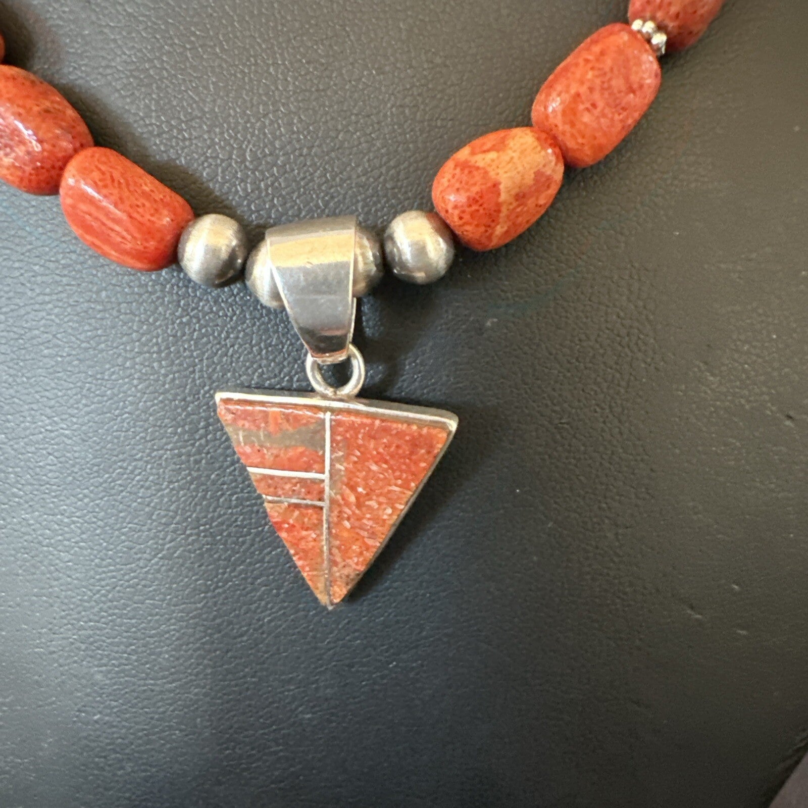 Navajo Apple Sponge Coral Sterling Silver Necklace Inlay Pendant 21” 18684