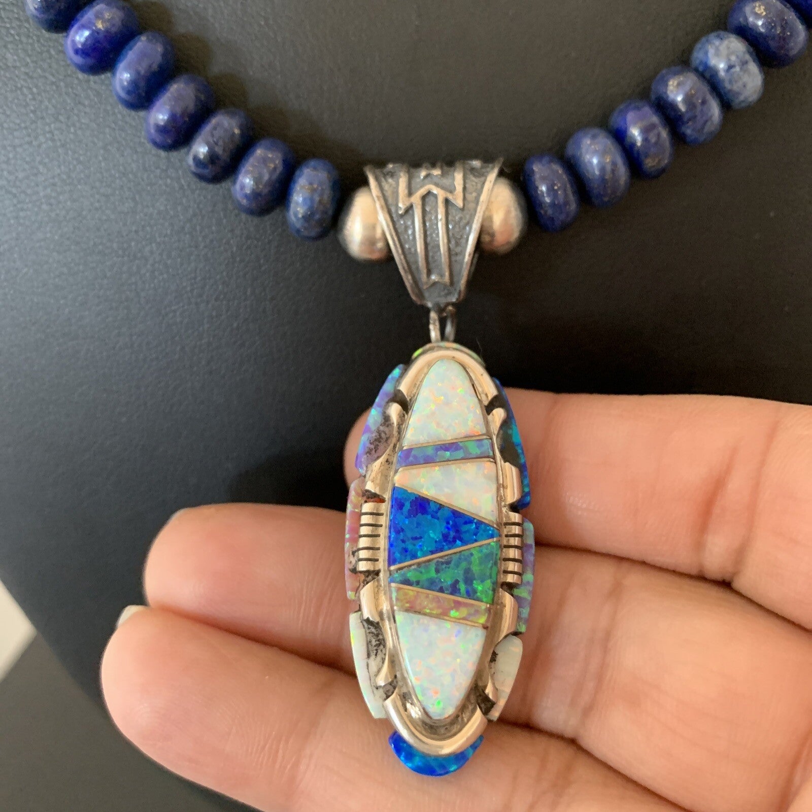 Navajo Sterling Silver Necklace Lapis Opal Pendant Native American 19491