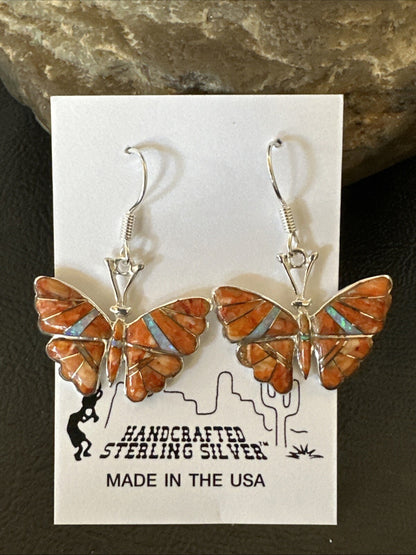 Butterfly Orange Spiny Oyster Opal Inlay Sterling Silver Dangle Earrings 18555