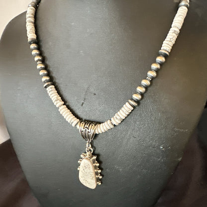 White Buffalo Turquoise Pendant Navajo Pearls Sterling Silver Necklace 22" 18259