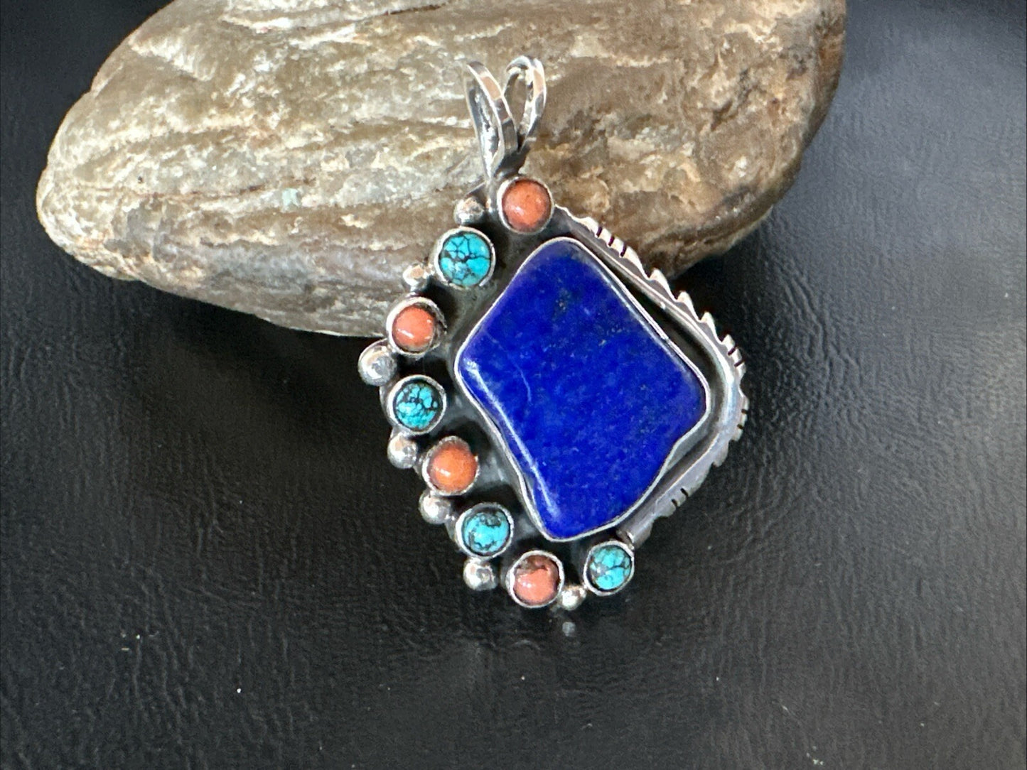 Blue Lapis Cluster Pendant Navajo Sterling Silver Beads Necklace 18754