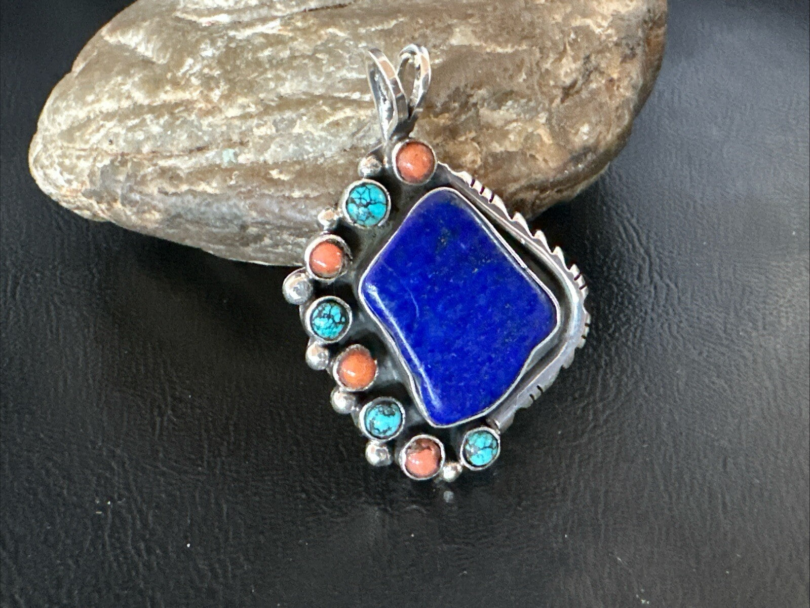 Blue Lapis Cluster Pendant Navajo Sterling Silver Beads Necklace 18754