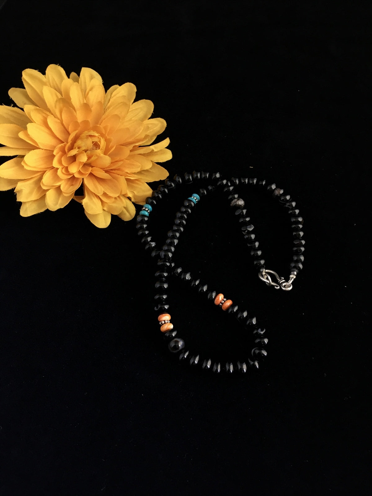 Black Onyx & Turquoise Navajo Sterling Silver Necklace 18” 10020