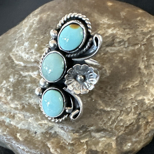 Yazzie Ring Blue Turquoise Navajo Cluster Size 8.5 | Sterling Silver | Authentic Native American Handmade | 19225