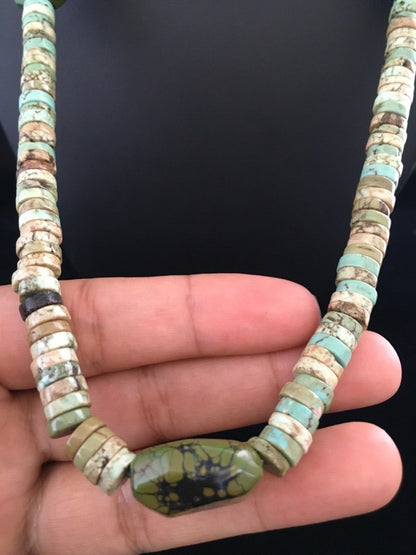 Mens Green Turquoise Chunky Navajo Sterling Silver Heishi Necklace 22" 1781