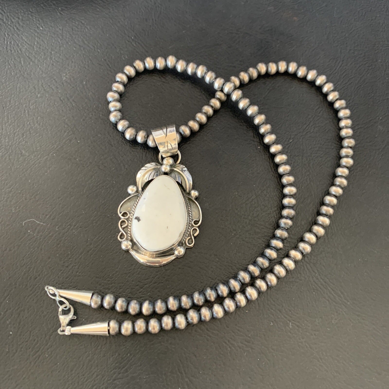Men White Buffalo Turquoise Pendant Sterling Silver Beads Necklace 12668N