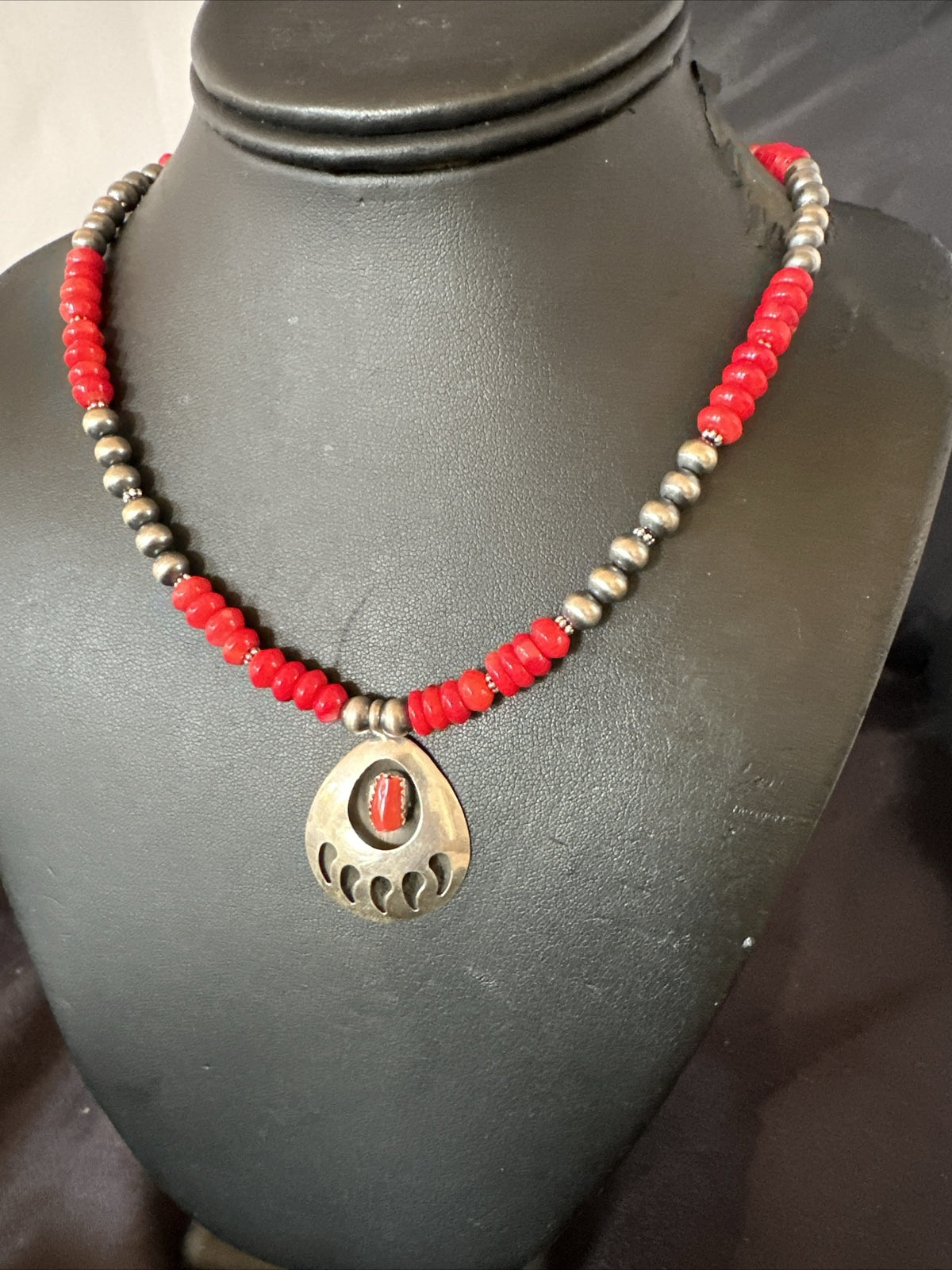 Red Coral BearPaw Inlay Pendant Navajo Pearls Sterling Silver Necklace 21" 18058