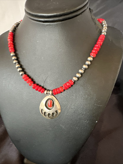 Red Coral BearPaw Inlay Pendant Navajo Pearls Sterling Silver Necklace 21" 18058