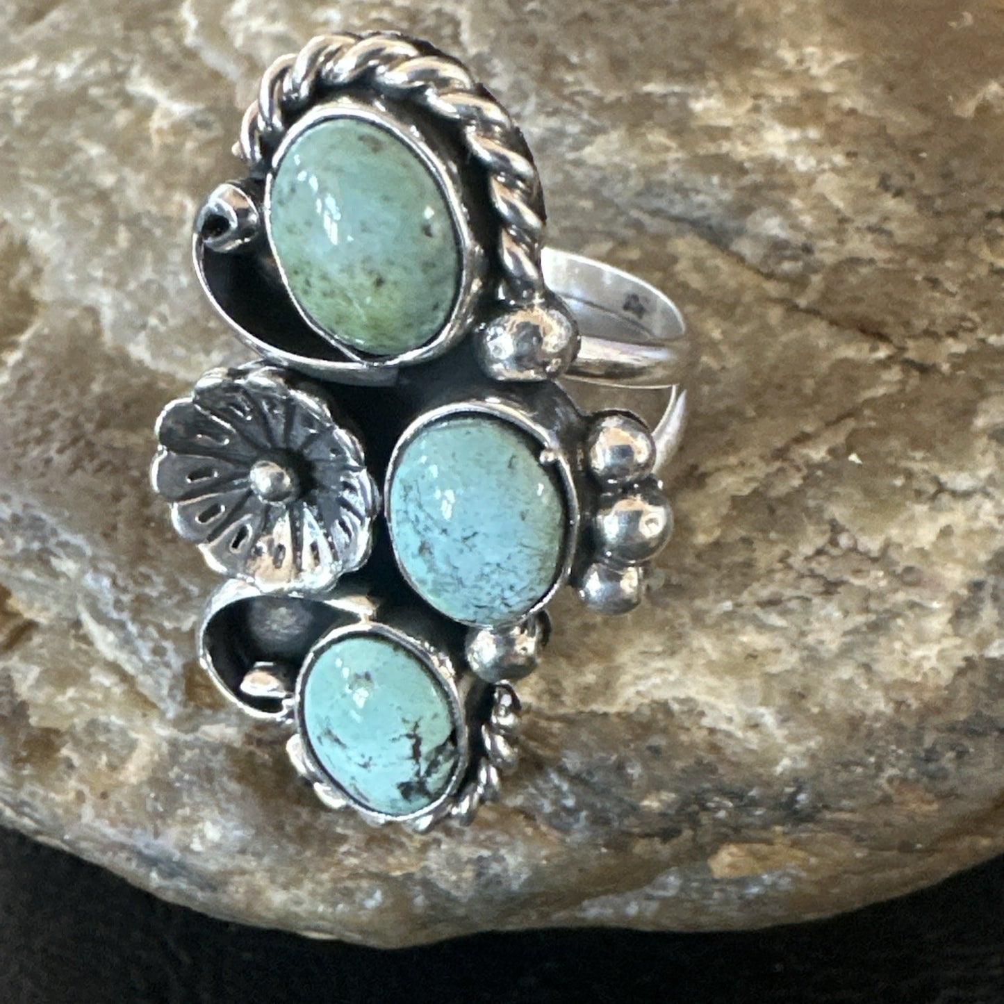 Blue Green Turquoise Navajo Sterling Silver Cluster Ring Size 8.5 19080