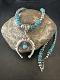 Blue Turquoise Naja Pendant 6mm Beads Navajo Necklace 21" | Sterling Silver | Authentic Native American Handmade | 18674