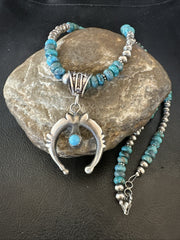 Blue Turquoise Naja Pendant 6mm Beads Navajo Necklace 21" | Sterling Silver | Authentic Native American Handmade | 18674