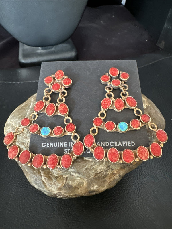 Women's Chandelier Opal Spiny Oyster Brass Dangle Earrings | Authentic Native American Handmade | 14940