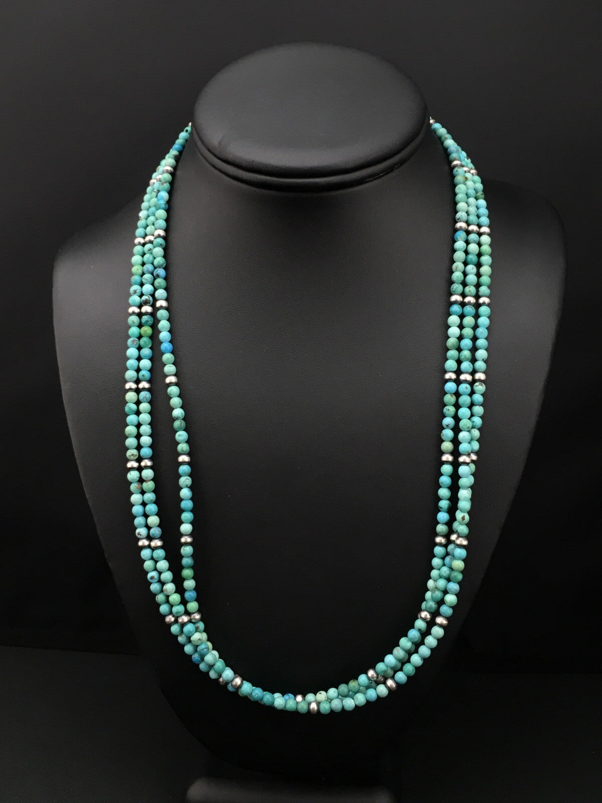 Turquoise 3 Strands Southwestern Sterling Silver Necklace 21" 01097