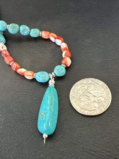Red Spiny Oyster Blue Turquoise Navajo Sterling Silver Necklace 17954