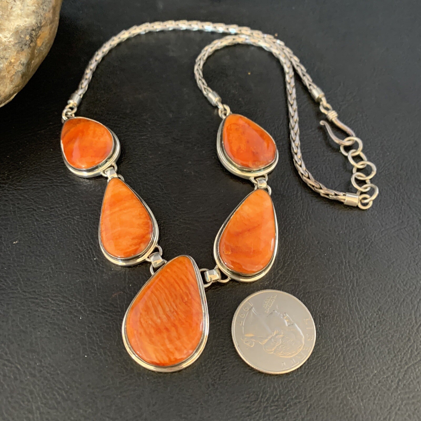 Orange Spiny Oyster Pendant Navajo Sterling Silver Lariat Necklace 20" 13889