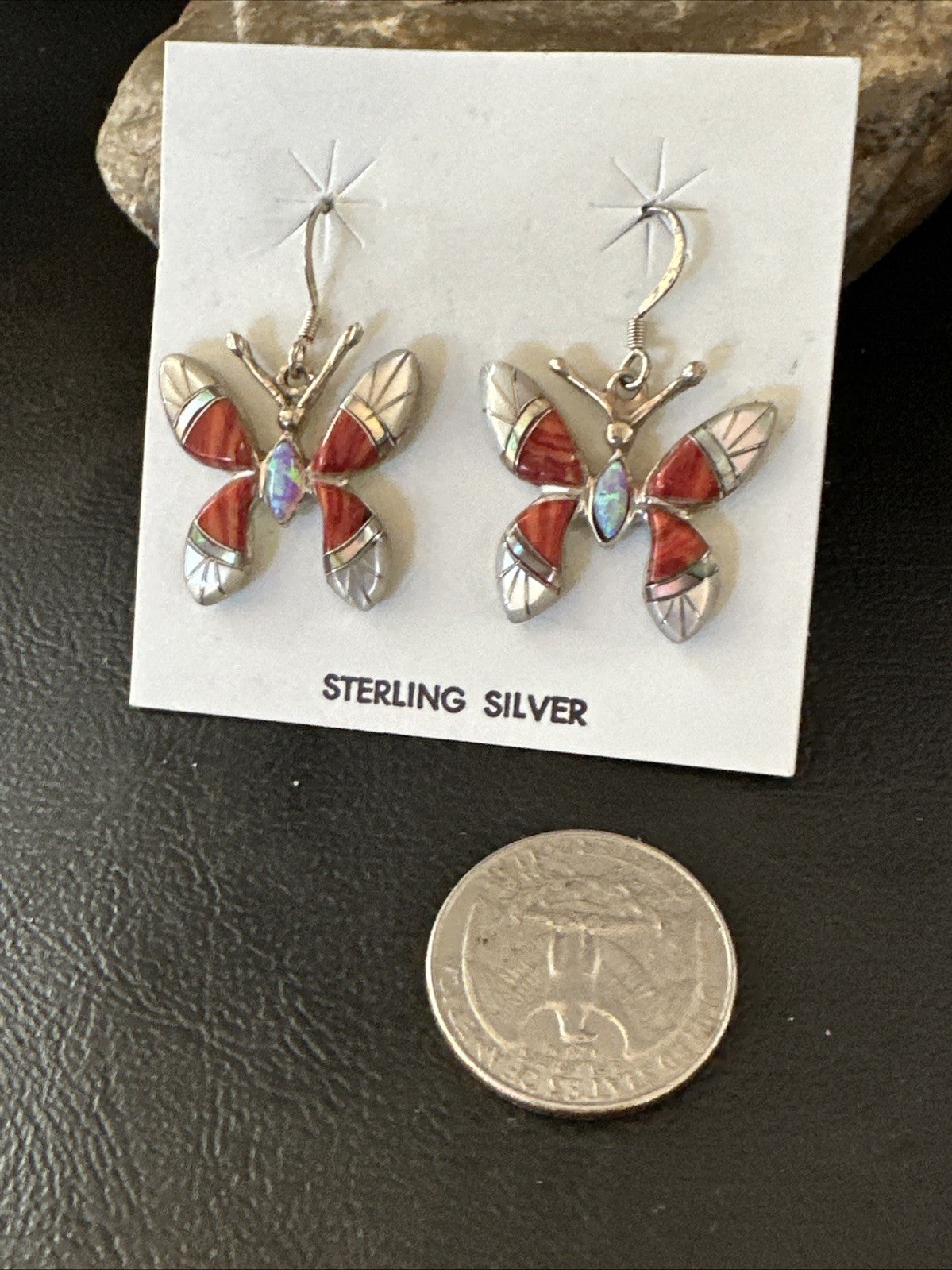 Butterfly Multicolor Red Spiny MOP Inlay Sterling Silver Earrings 19817
