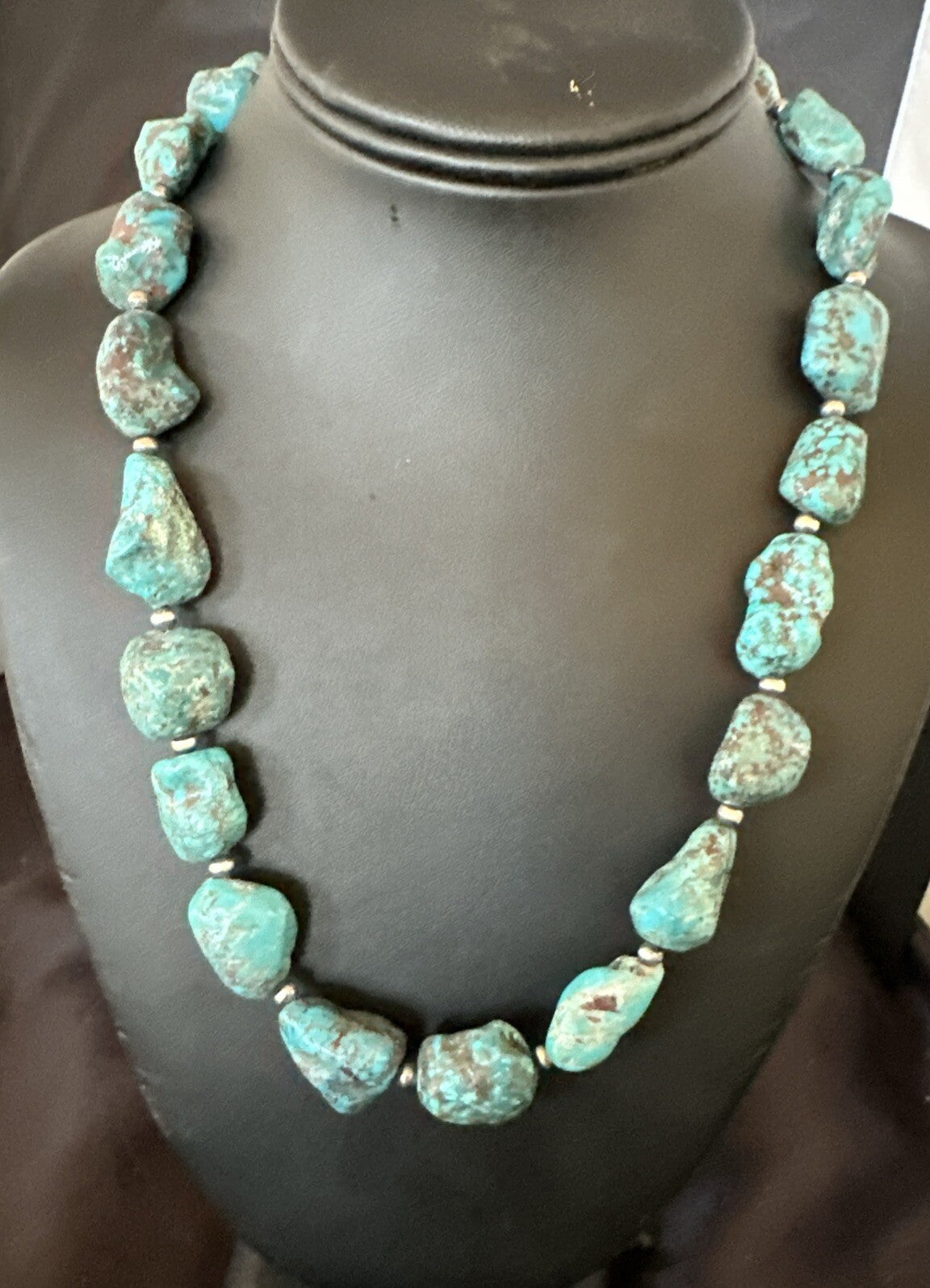 Mens Womens Chunky Blue Nugget Turquoise Navajo Sterling Silver Necklace 18673