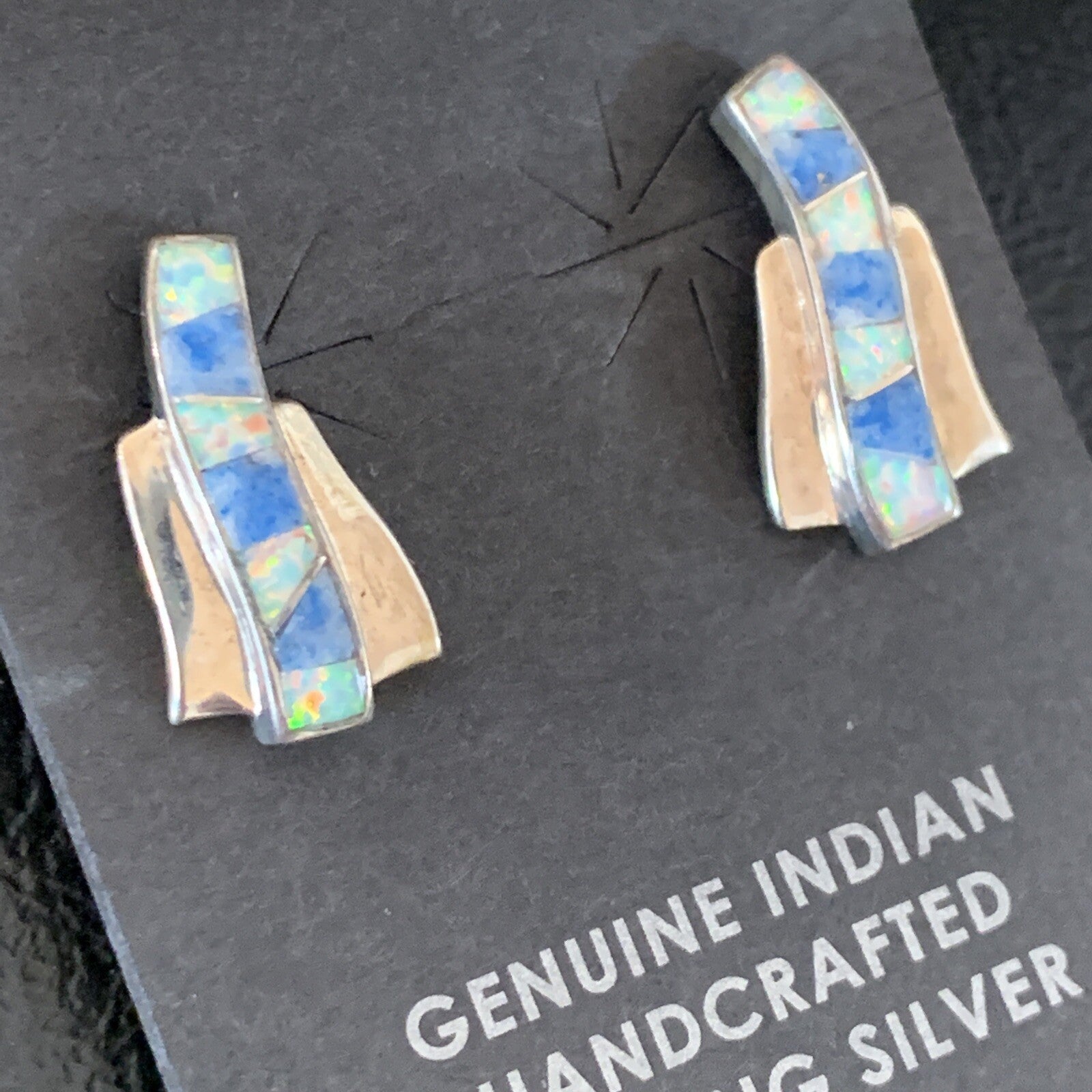 Women Blue Denim Lapis & White Opal Navajo Sterling Silver Inlay Earrings 128900