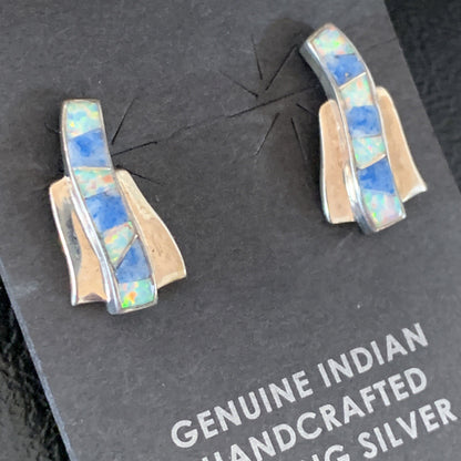 Women Blue Denim Lapis & White Opal Navajo Sterling Silver Inlay Earrings 128900