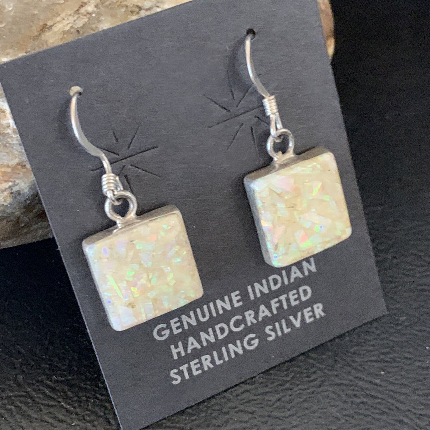 Womens White Opal Inlay Navajo Sterling Silver Dangle Drop Earrings 12768