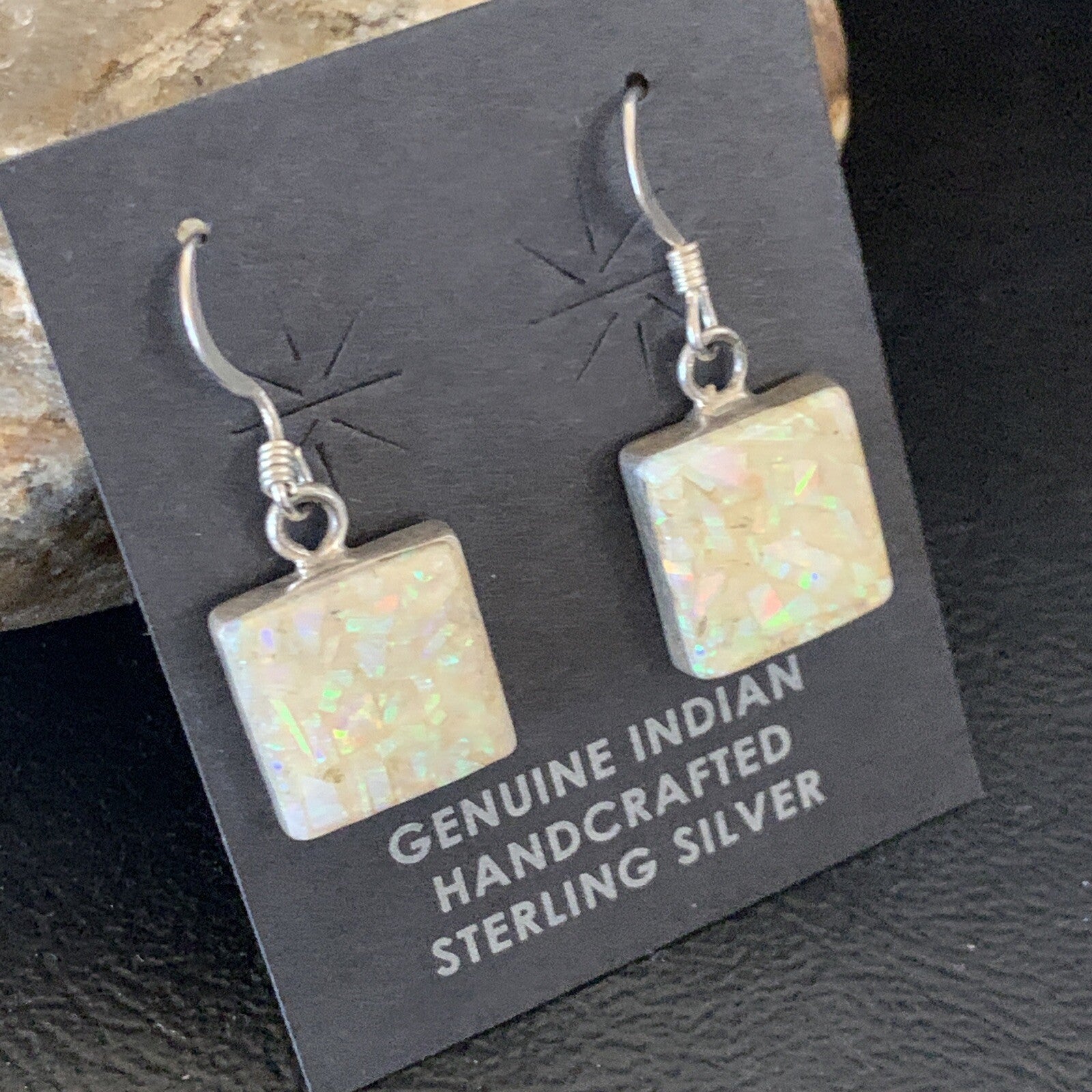 Womens White Opal Inlay Navajo Sterling Silver Dangle Drop Earrings 12768