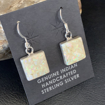 Womens White Opal Inlay Navajo Sterling Silver Dangle Drop Earrings 12768