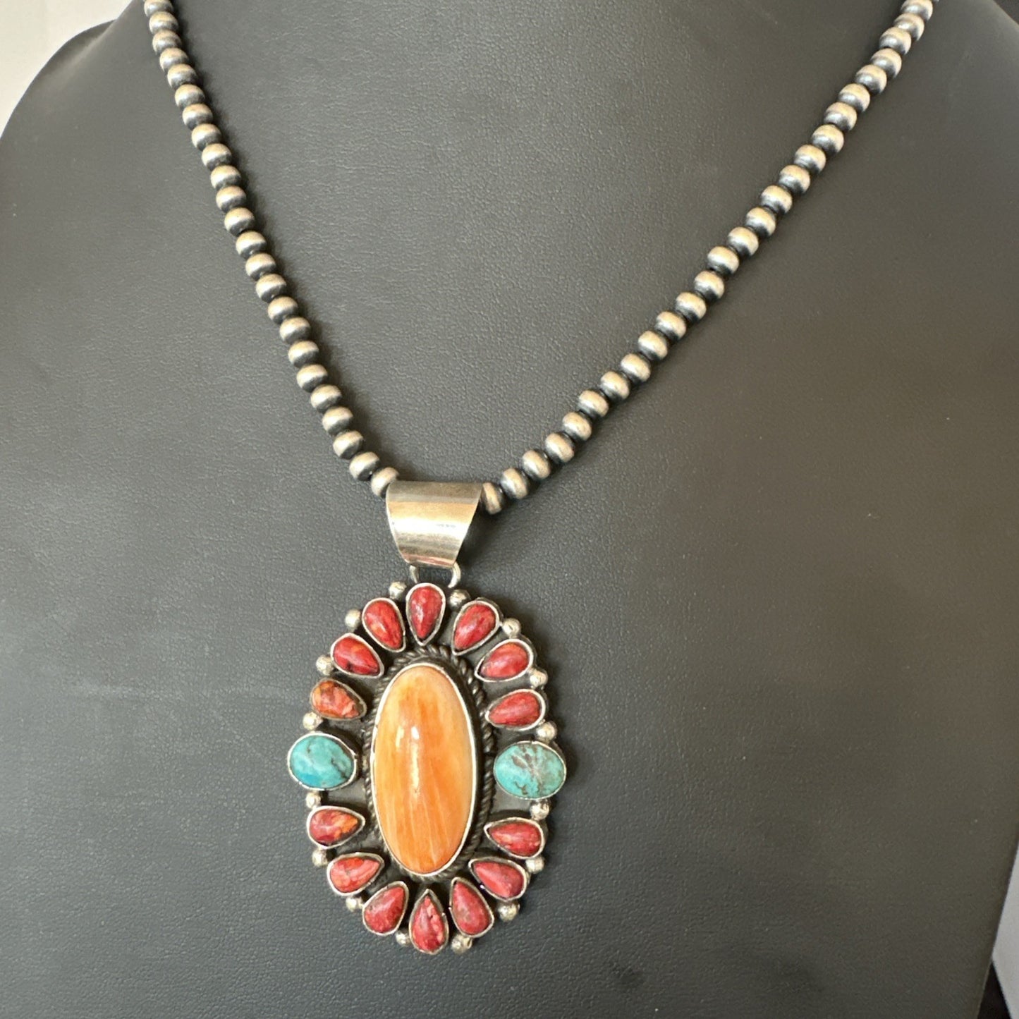 Multicolor Turquoise Spiny Navajo Sterling Silver Cluster Pendant Necklace 19564