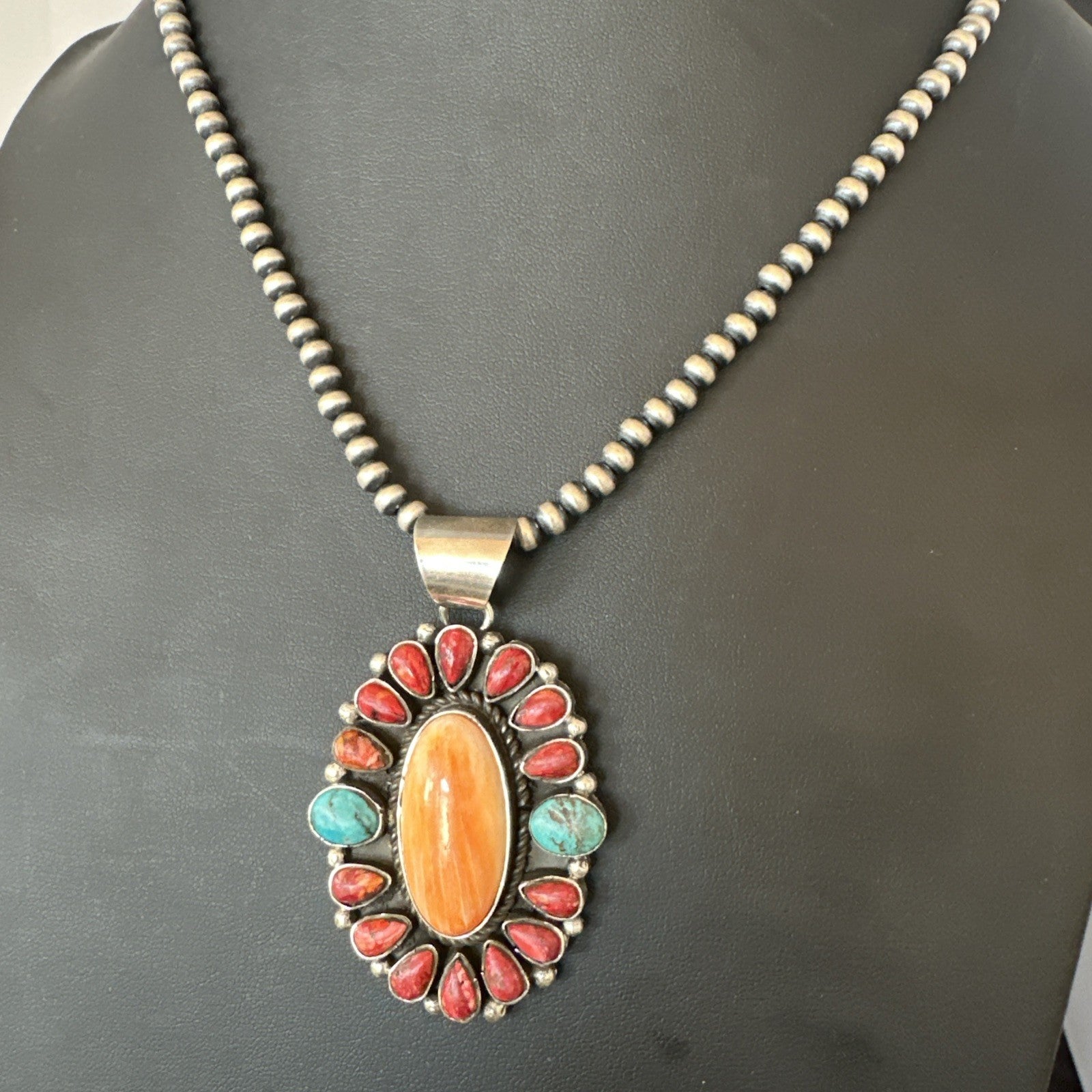 Multicolor Turquoise Spiny Navajo Sterling Silver Cluster Pendant Necklace 19564