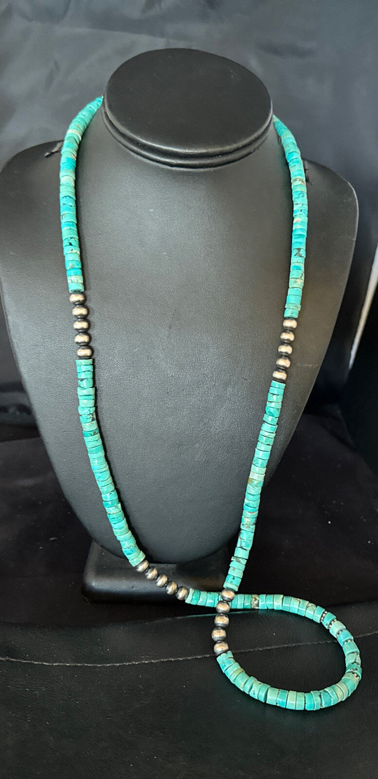 Blue Turquoise 34” Heishi Navajo Pearls Sterling Silver Bead Necklace 17256