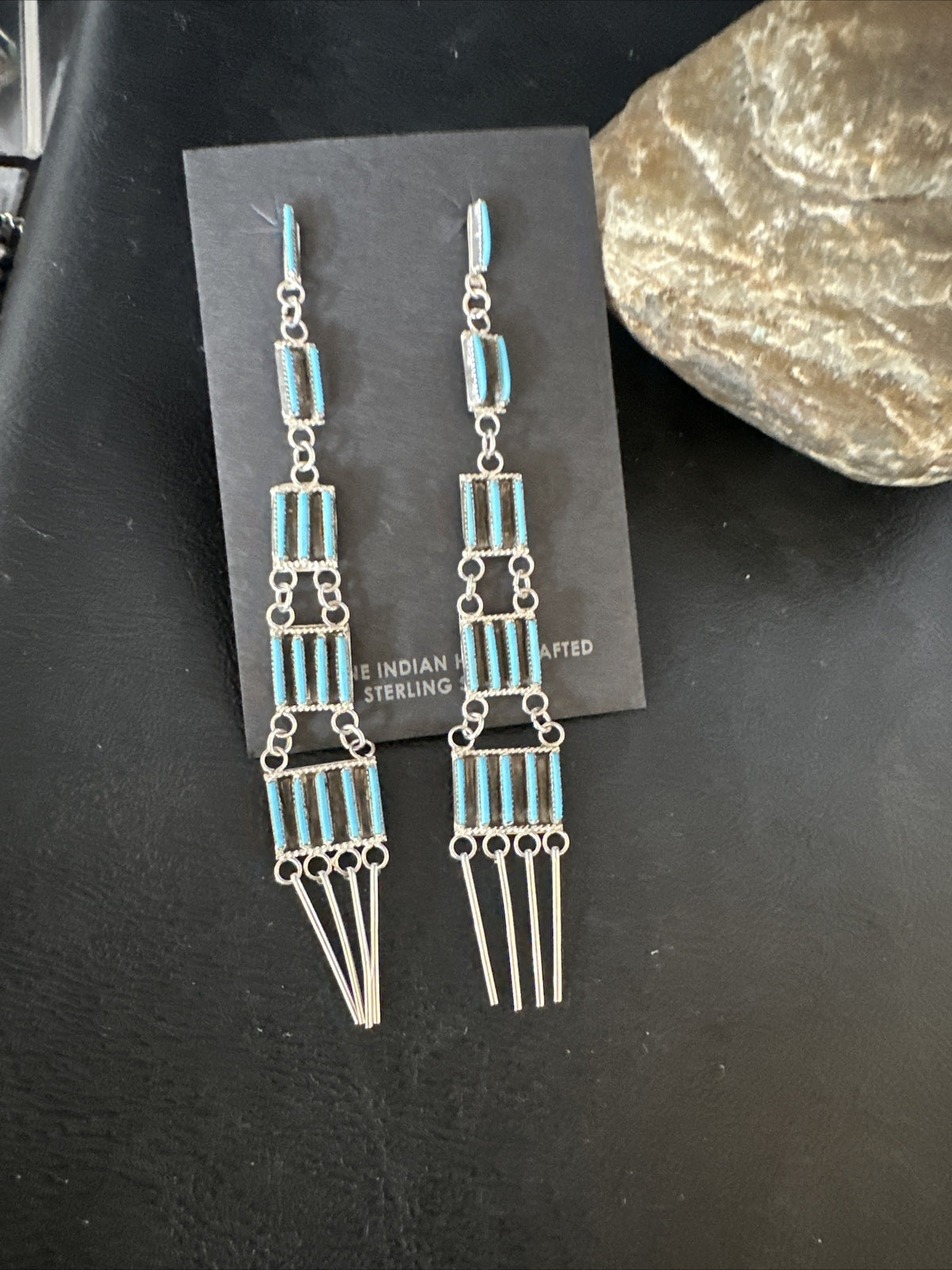 Kingman Turquoise Needle Point Zuni Sterling Silver 5 Tier Dangle Earrings 18636