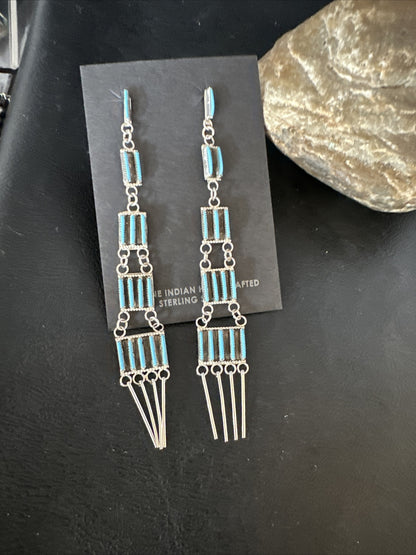 Kingman Turquoise Needle Point Zuni Sterling Silver 5 Tier Dangle Earrings 18636