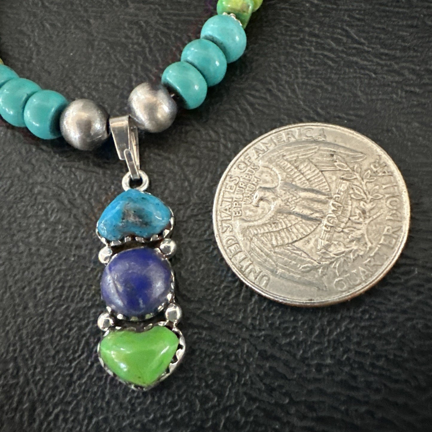 Blue Lapis Green Turquoise Cluster Pendant Navajo Sterling Silver Necklace 19659