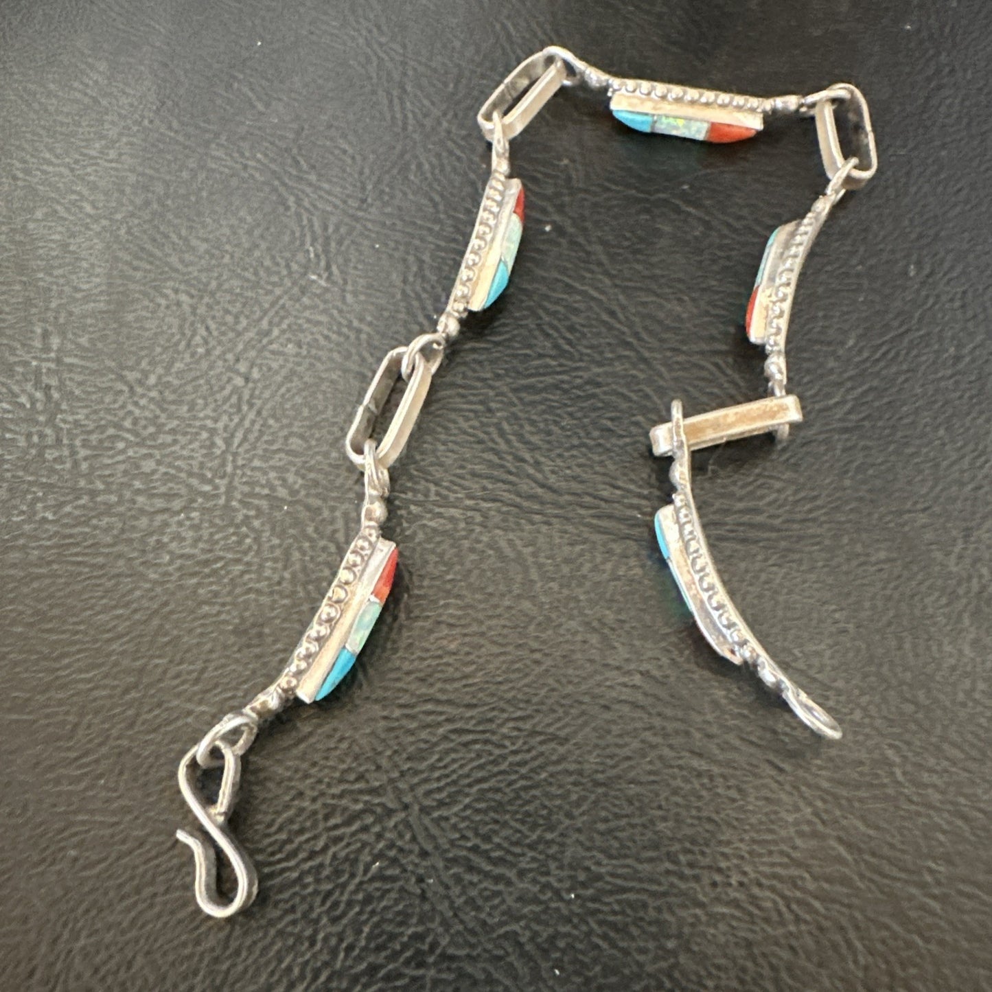 Women Oldpawn Turquoise Opal Coral Navajo Sterling Silver Link Bracelet 8” 19798