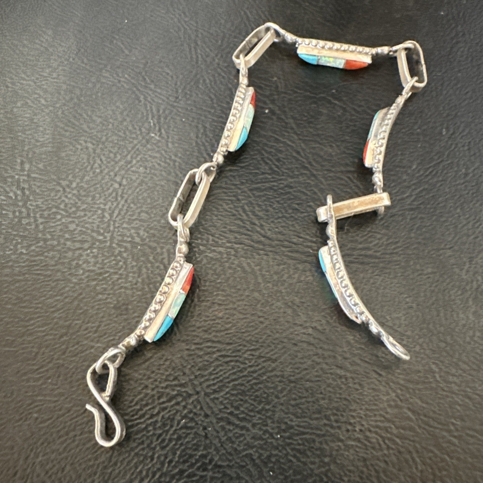 Women Oldpawn Turquoise Opal Coral Navajo Sterling Silver Link Bracelet 8” 19798