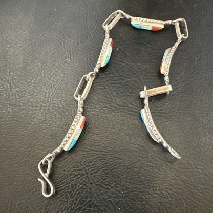 Women Oldpawn Turquoise Opal Coral Navajo Sterling Silver Link Bracelet 8” 19798