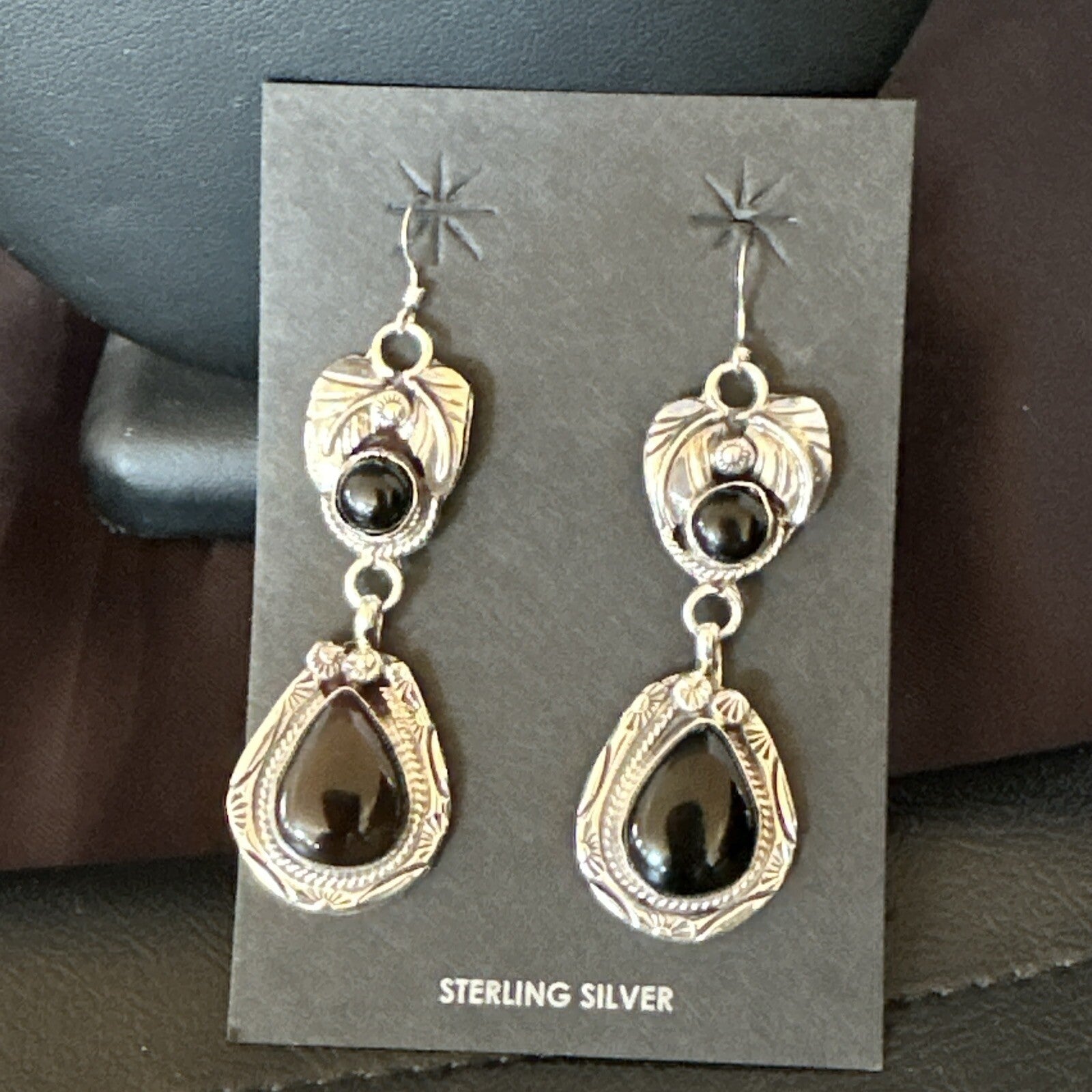 Black Onyx Navajo Sterling Silver Dangle Earrings 1.5" 18286