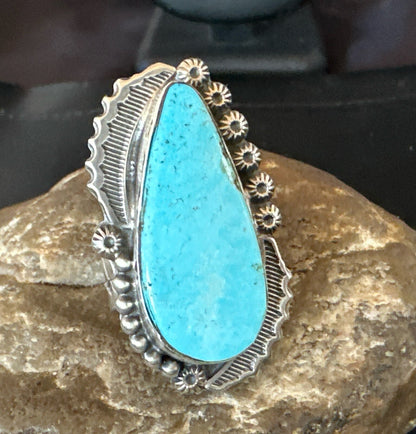 Navajo Sterling Silver Blue Kingman Turquoise Adjustable Ring Sz 7 18772