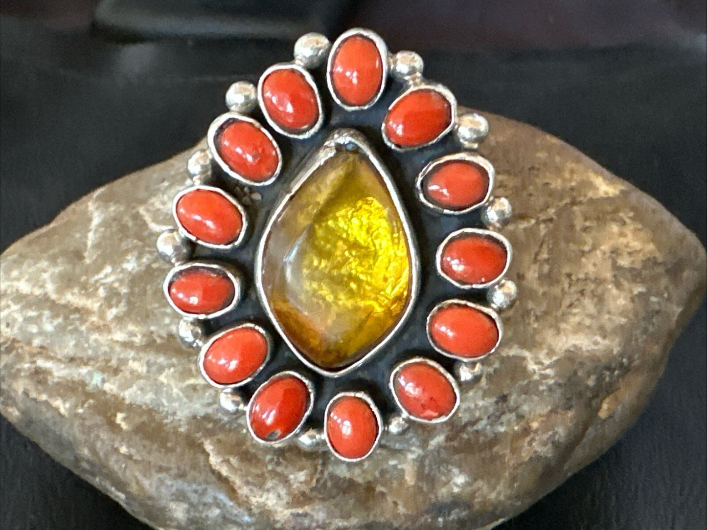 Golden Amber Red Coral Navajo Sterling Silver Cluster Ring Size 6 18563