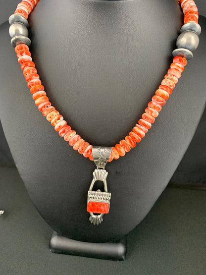 Mens Red Spiny Oyster Pendant Navajo Pearls Sterling Silver Necklace 18359