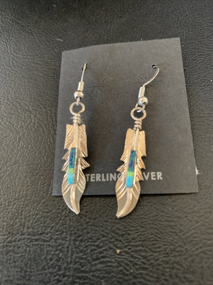 Blue Turquoise Sterling Silver Navajo Handmade Inlay Feather Earrings 13086